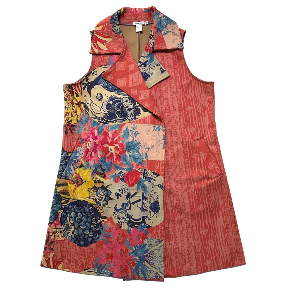 Longline Vest Duster Floral Mixed Print M Lagenlook Whimsigoth Artsy Faux Suede